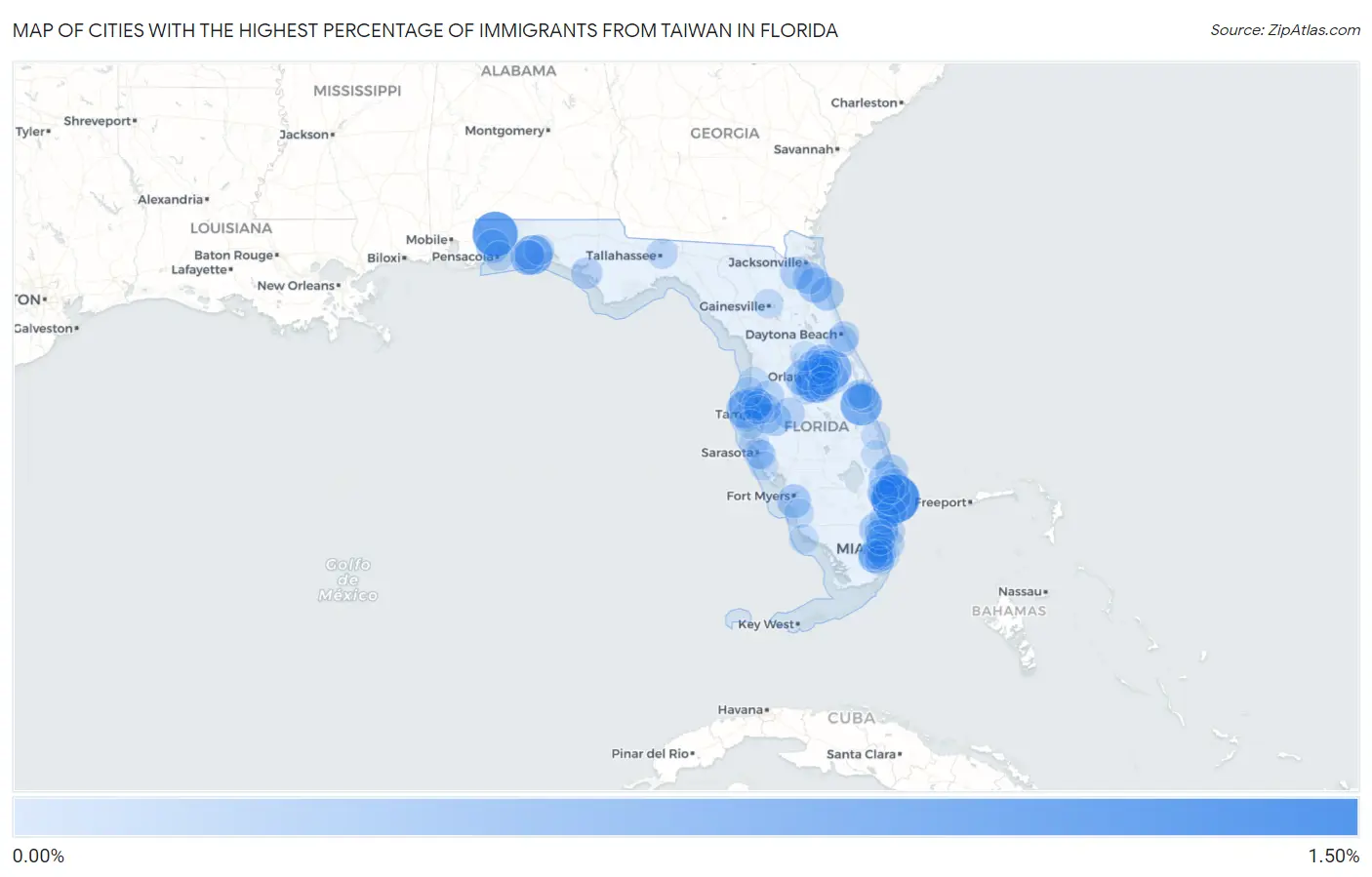 Cities with the Highest Percentage of Immigrants from Taiwan in Florida Map