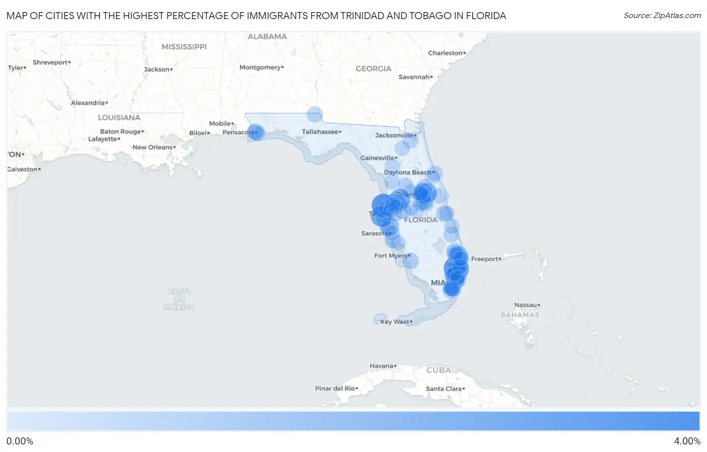 Cities with the Highest Percentage of Immigrants from Trinidad and Tobago in Florida Map
