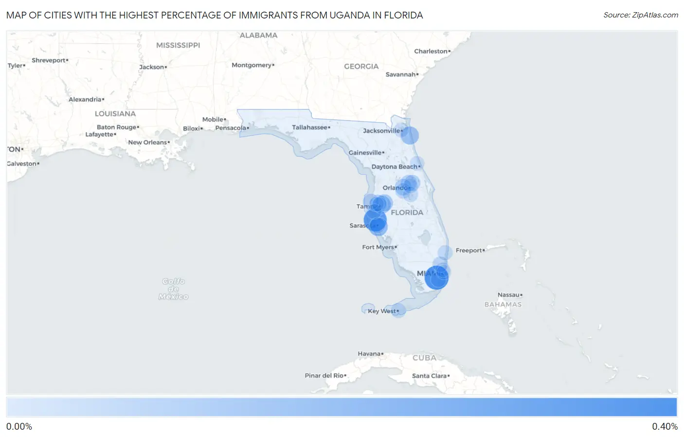 Cities with the Highest Percentage of Immigrants from Uganda in Florida Map