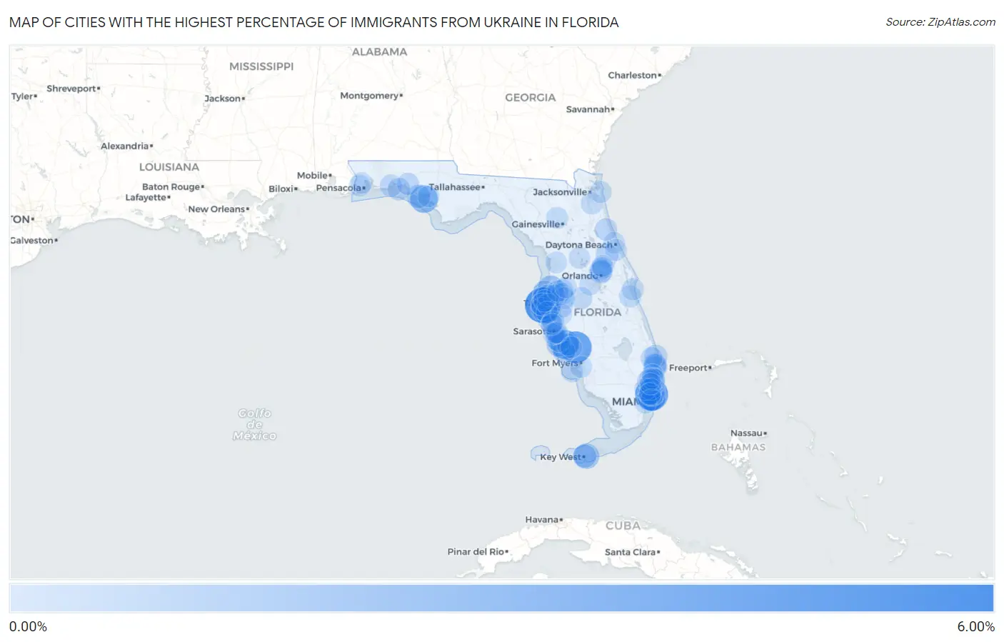 Cities with the Highest Percentage of Immigrants from Ukraine in Florida Map