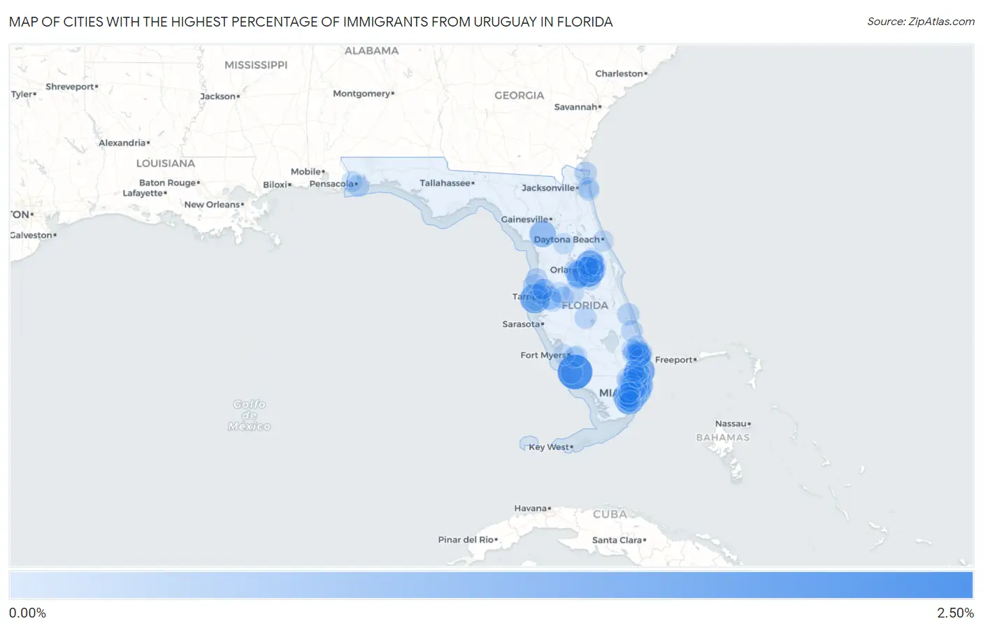 Cities with the Highest Percentage of Immigrants from Uruguay in Florida Map