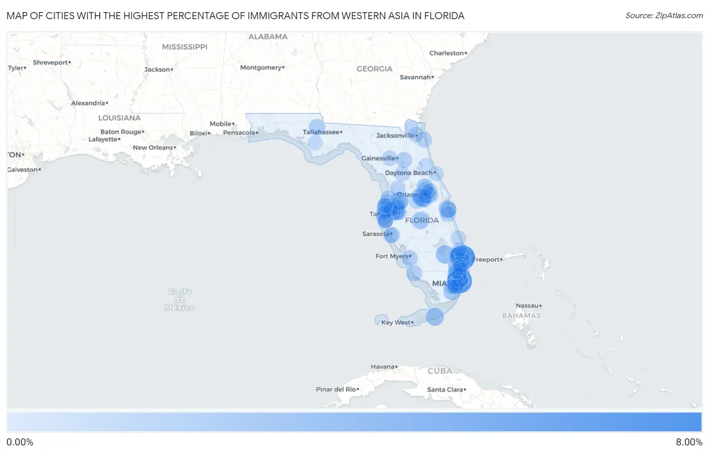 Cities with the Highest Percentage of Immigrants from Western Asia in Florida Map