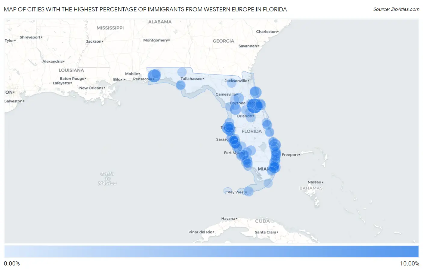 Cities with the Highest Percentage of Immigrants from Western Europe in Florida Map