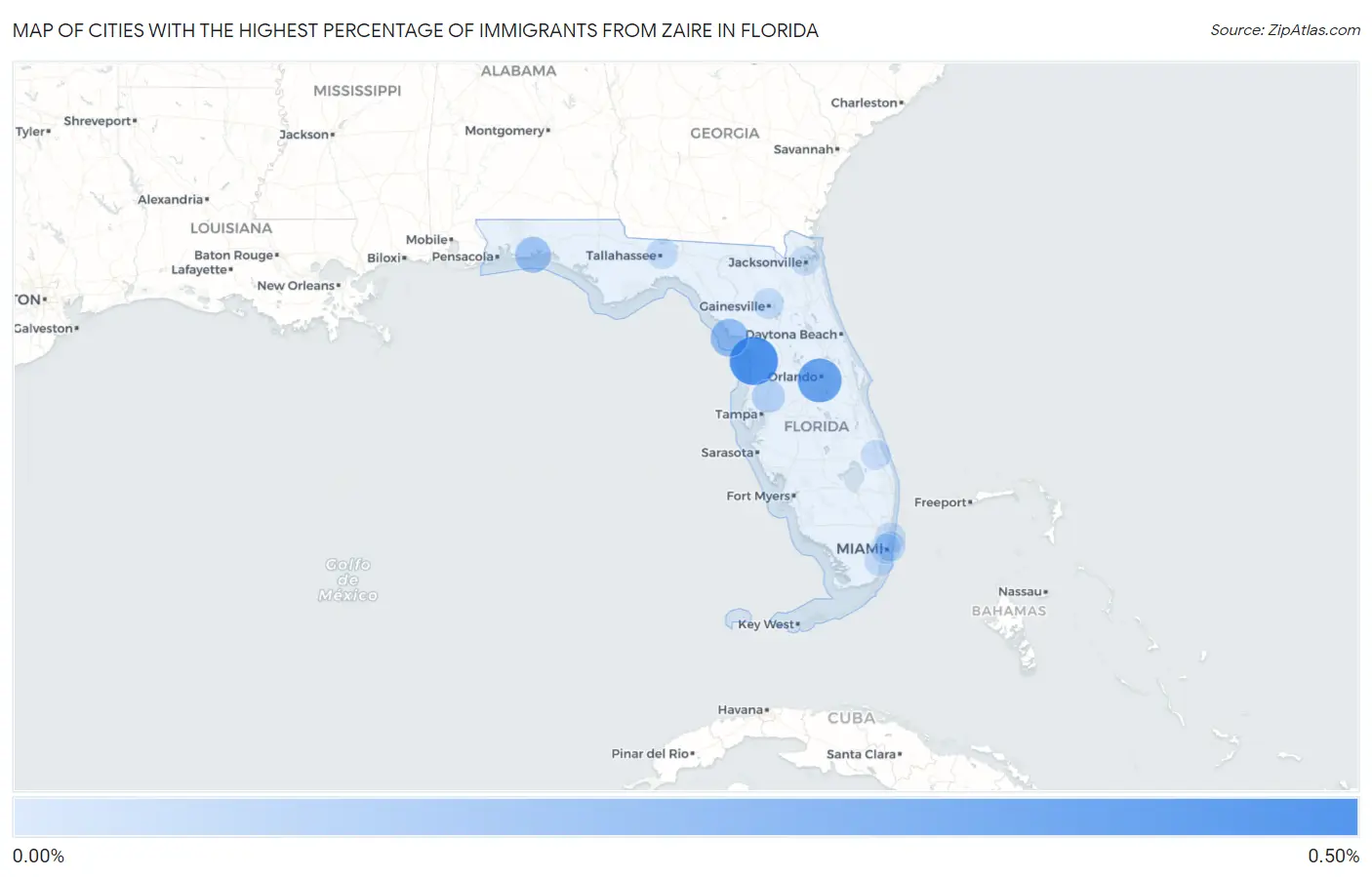 Cities with the Highest Percentage of Immigrants from Zaire in Florida Map