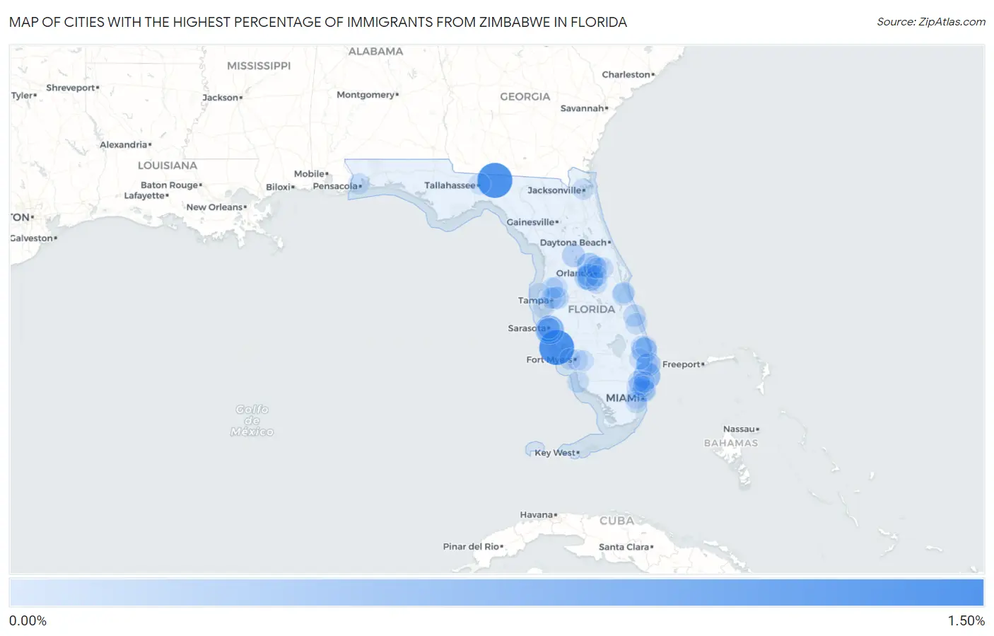 Cities with the Highest Percentage of Immigrants from Zimbabwe in Florida Map