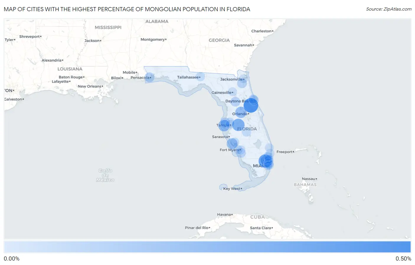 Cities with the Highest Percentage of Mongolian Population in Florida Map
