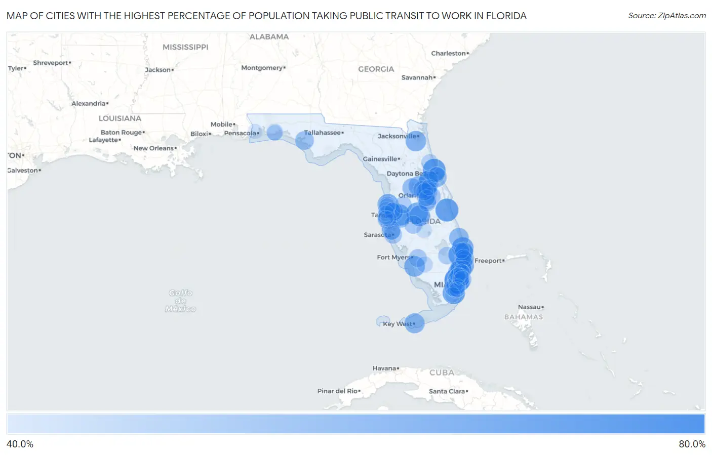 Cities with the Highest Percentage of Population Taking Public Transit to Work in Florida Map