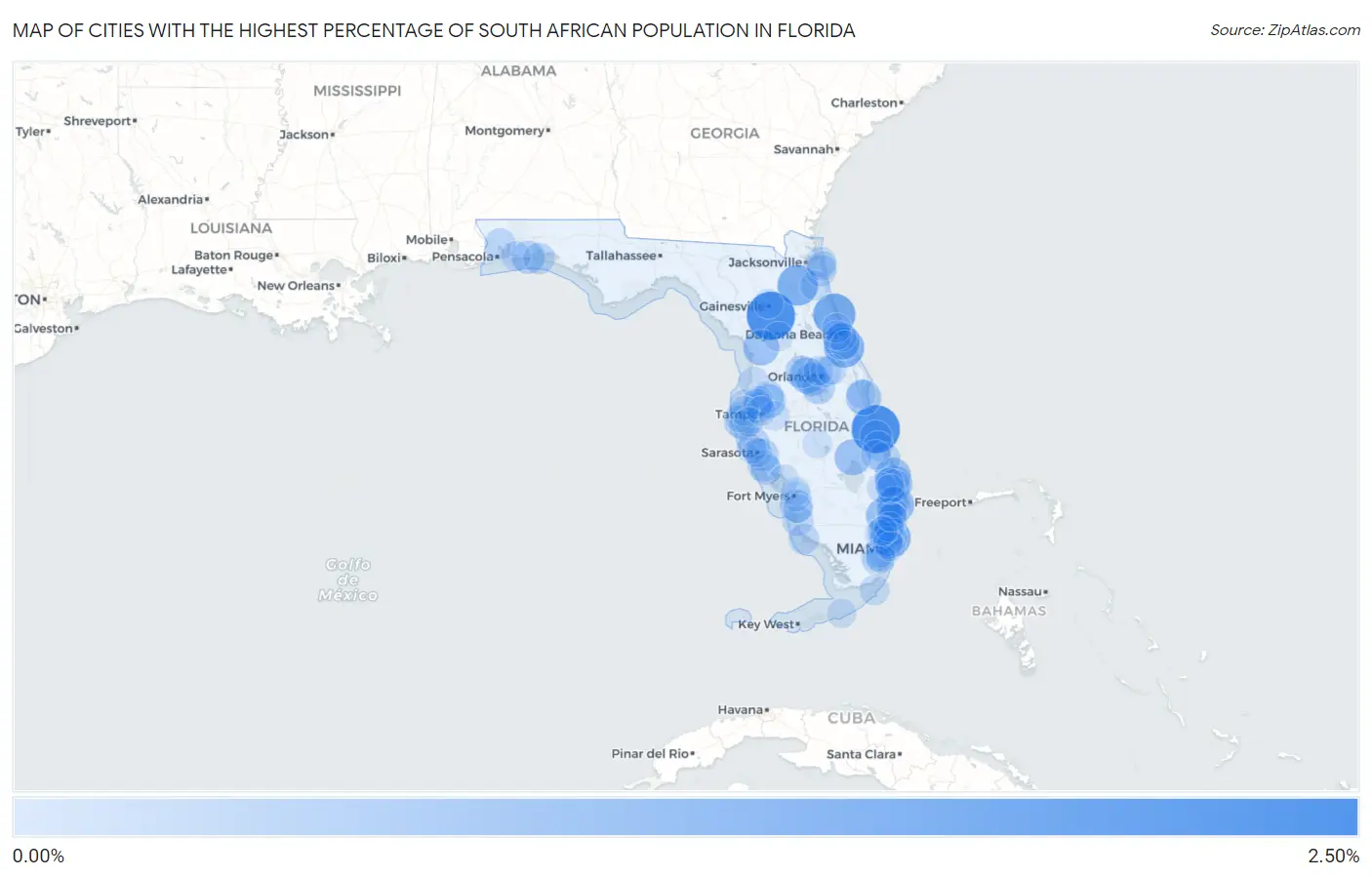Cities with the Highest Percentage of South African Population in Florida Map