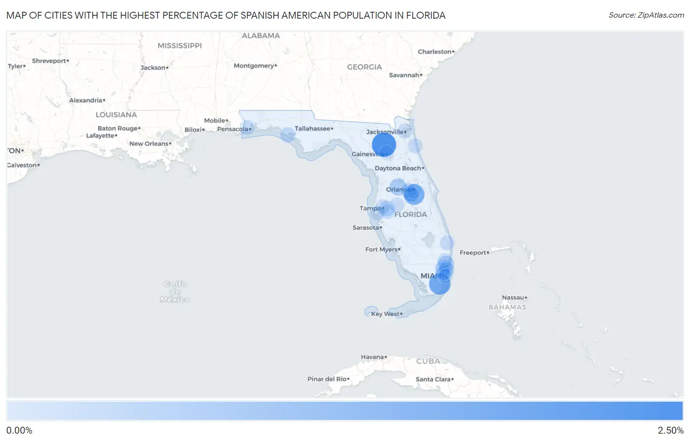 Cities with the Highest Percentage of Spanish American Population in Florida Map