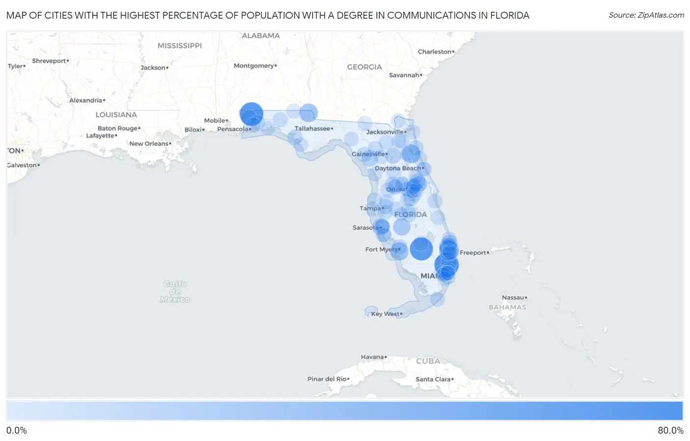 Cities with the Highest Percentage of Population with a Degree in Communications in Florida Map