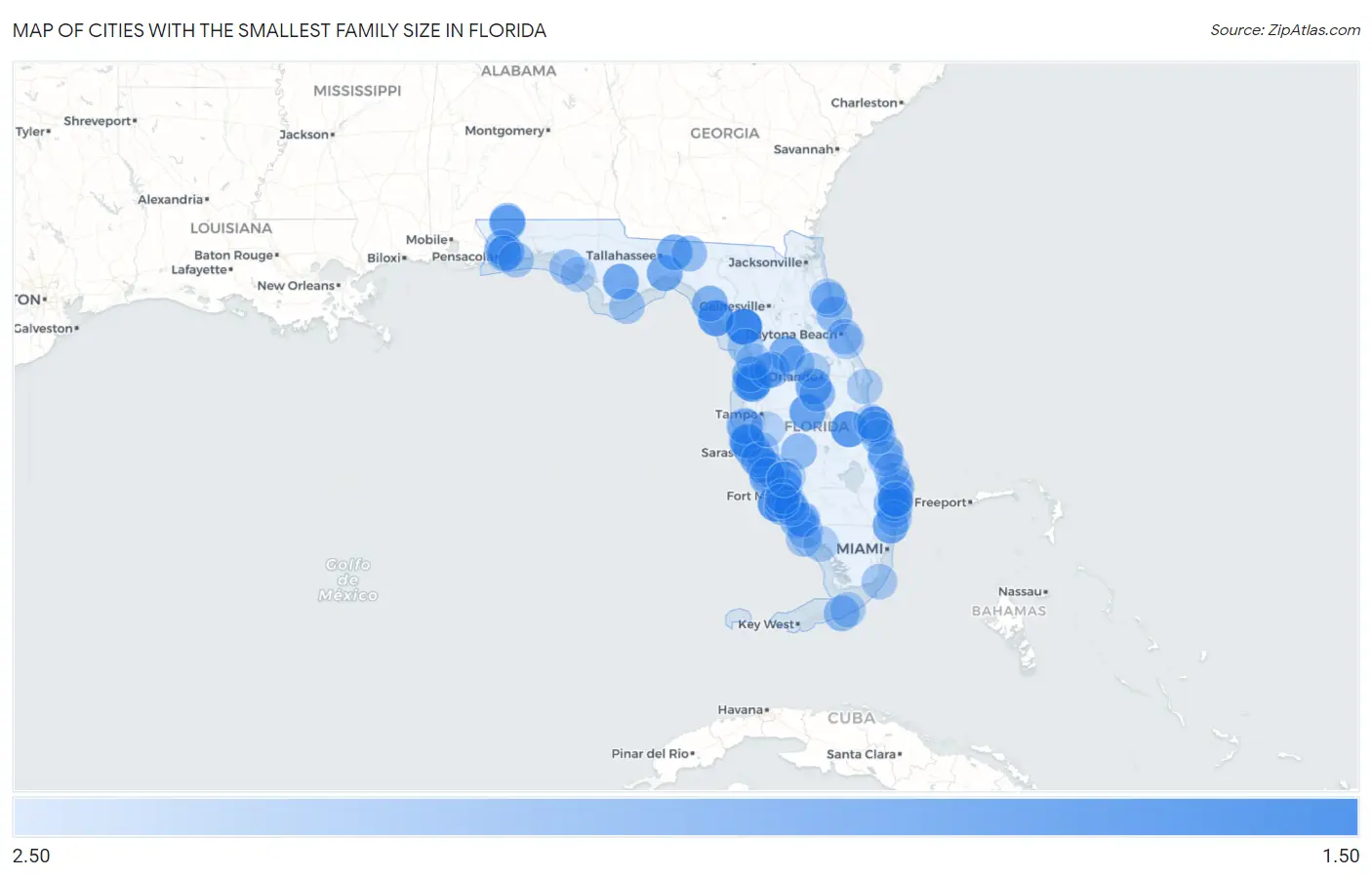 Cities with the Smallest Family Size in Florida Map