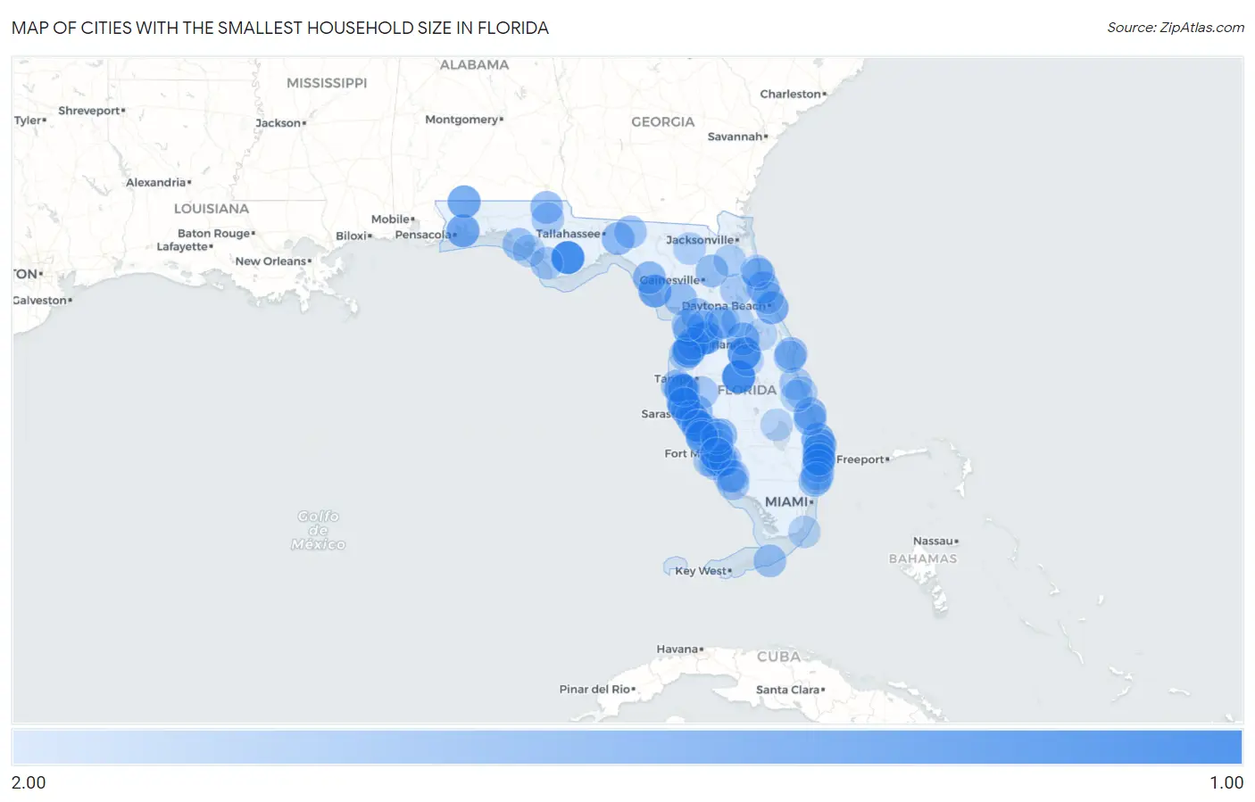 Cities with the Smallest Household Size in Florida Map