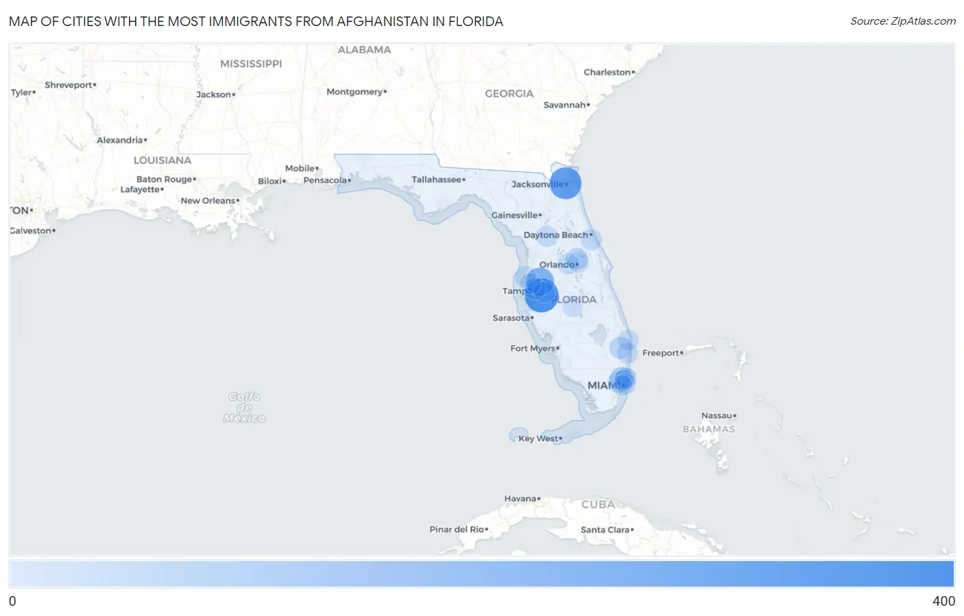 Cities with the Most Immigrants from Afghanistan in Florida Map