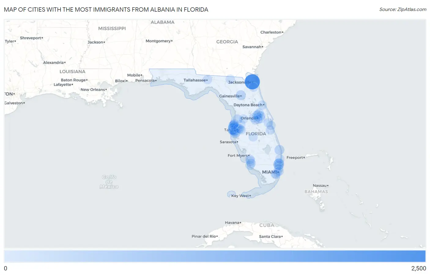 Cities with the Most Immigrants from Albania in Florida Map