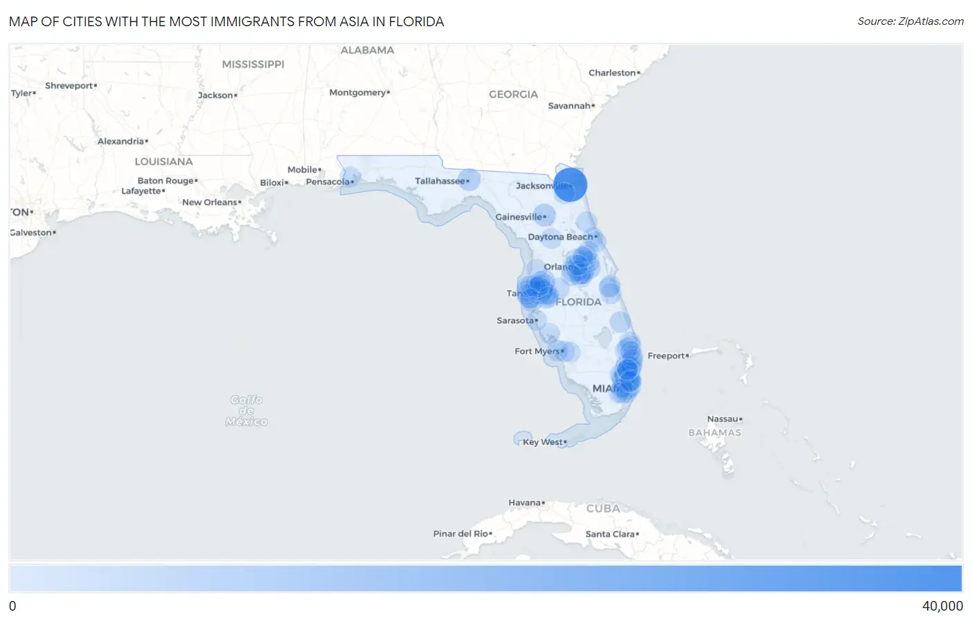Cities with the Most Immigrants from Asia in Florida Map