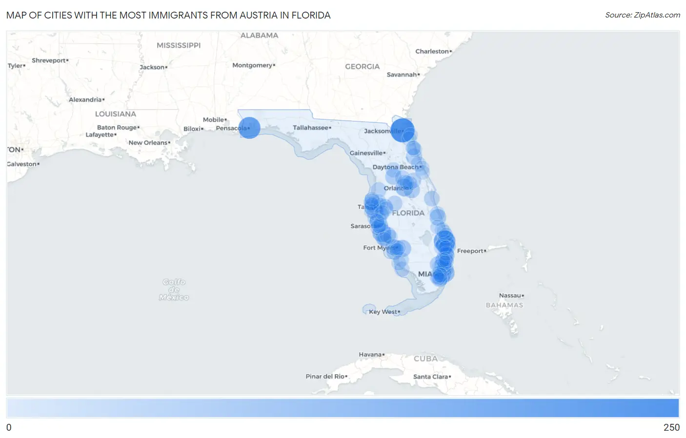 Cities with the Most Immigrants from Austria in Florida Map