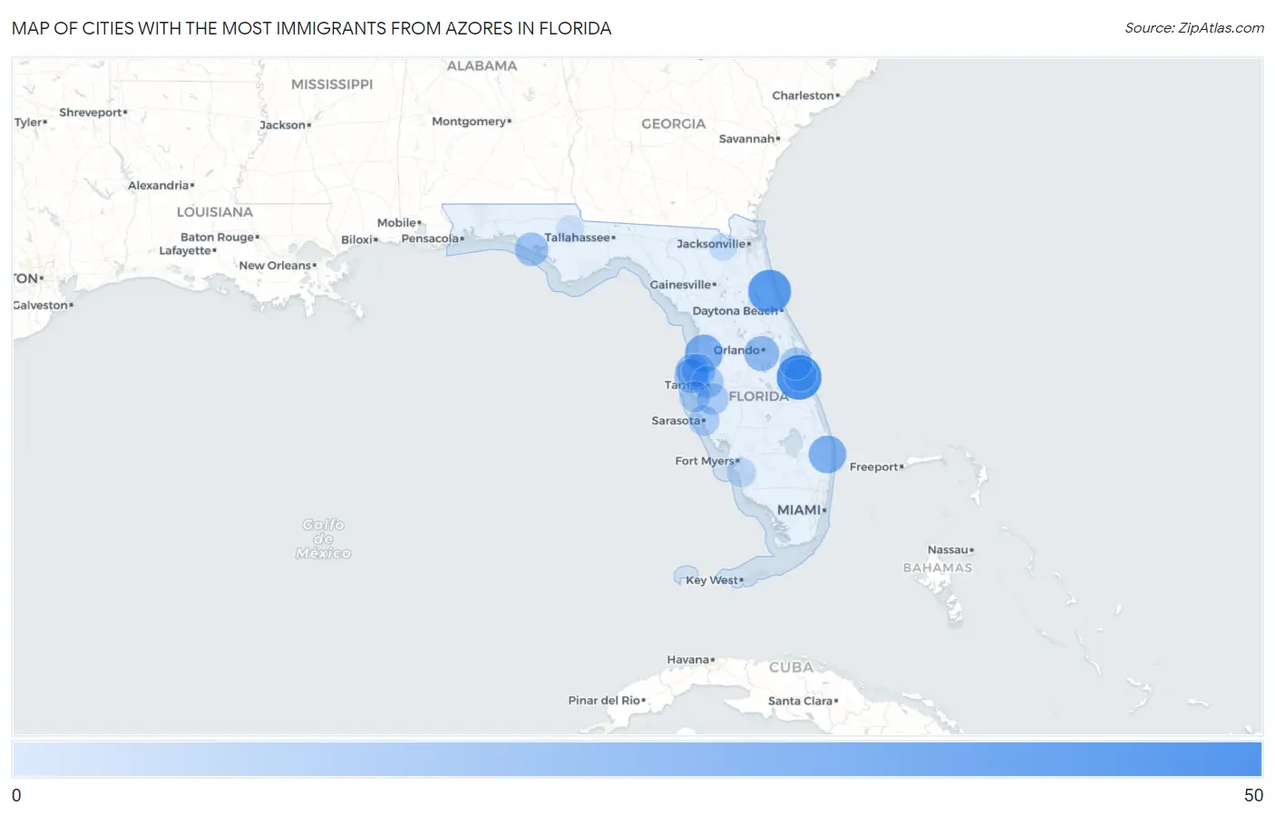 Cities with the Most Immigrants from Azores in Florida Map