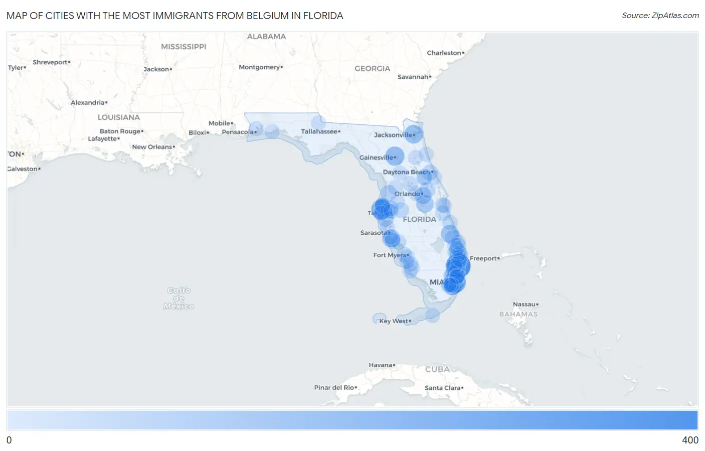 Cities with the Most Immigrants from Belgium in Florida Map