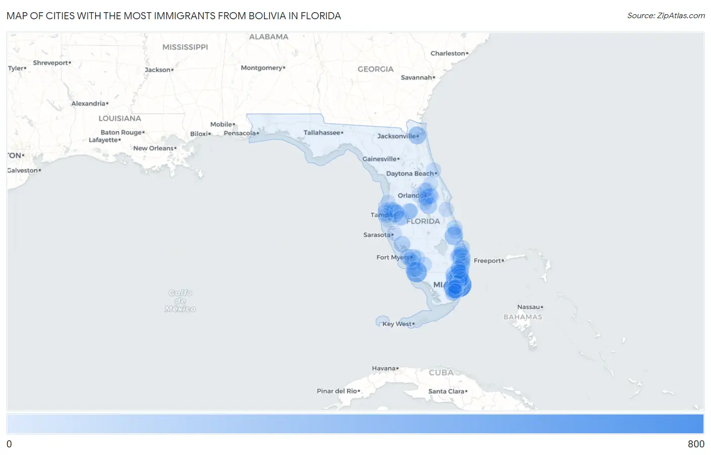 Cities with the Most Immigrants from Bolivia in Florida Map
