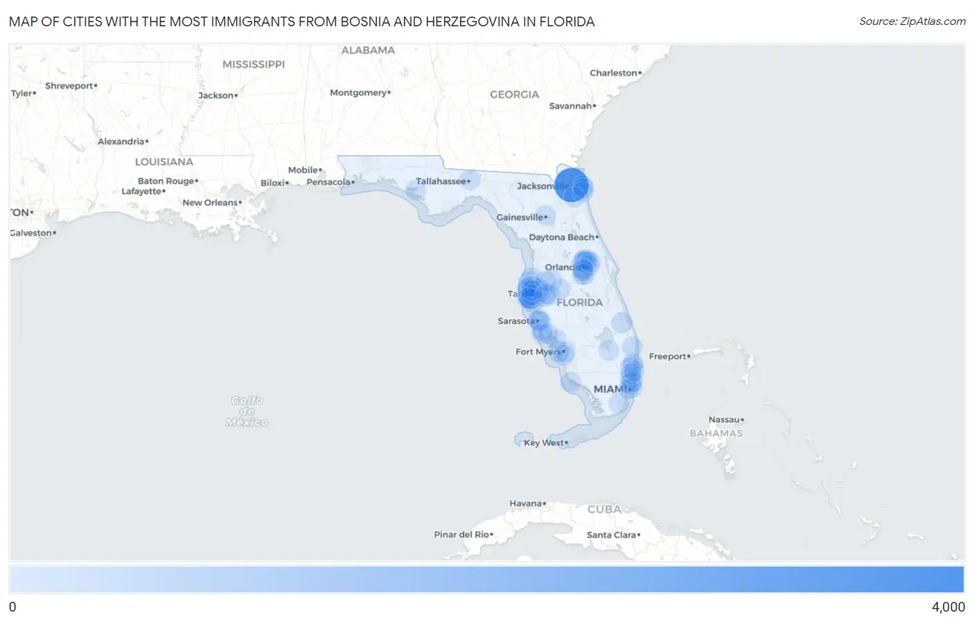 Cities with the Most Immigrants from Bosnia and Herzegovina in Florida Map