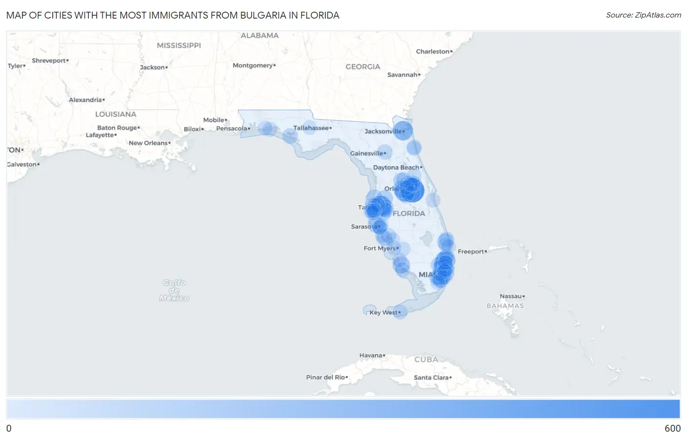 Cities with the Most Immigrants from Bulgaria in Florida Map
