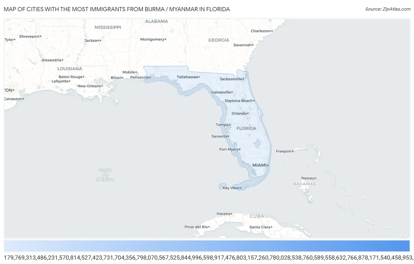 Cities with the Most Immigrants from Burma / Myanmar in Florida Map