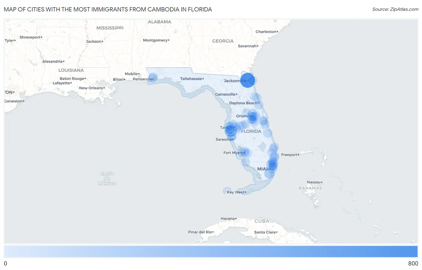 Cities with the Most Immigrants from Cambodia in Florida Map