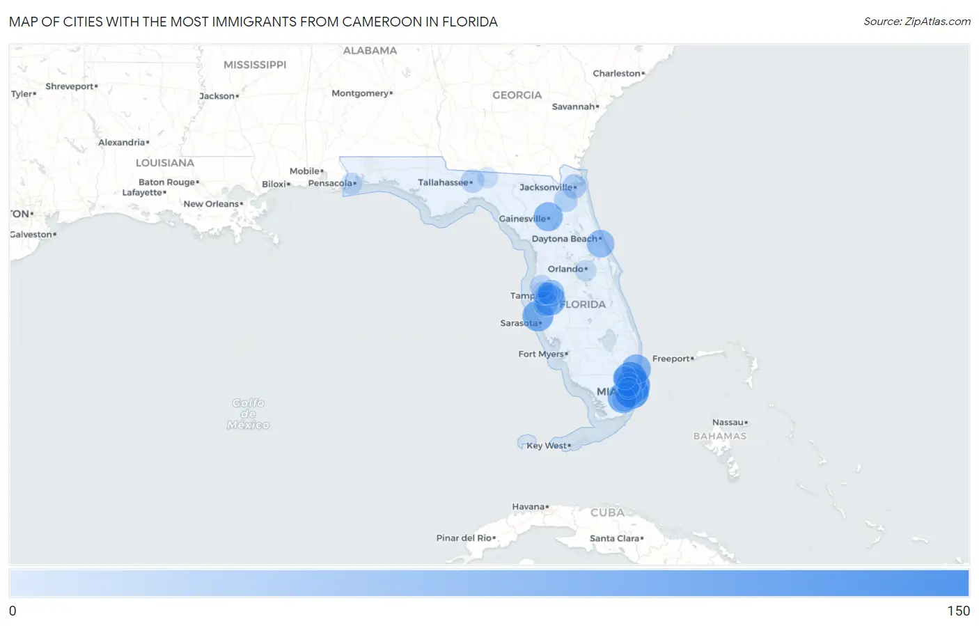 Cities with the Most Immigrants from Cameroon in Florida Map