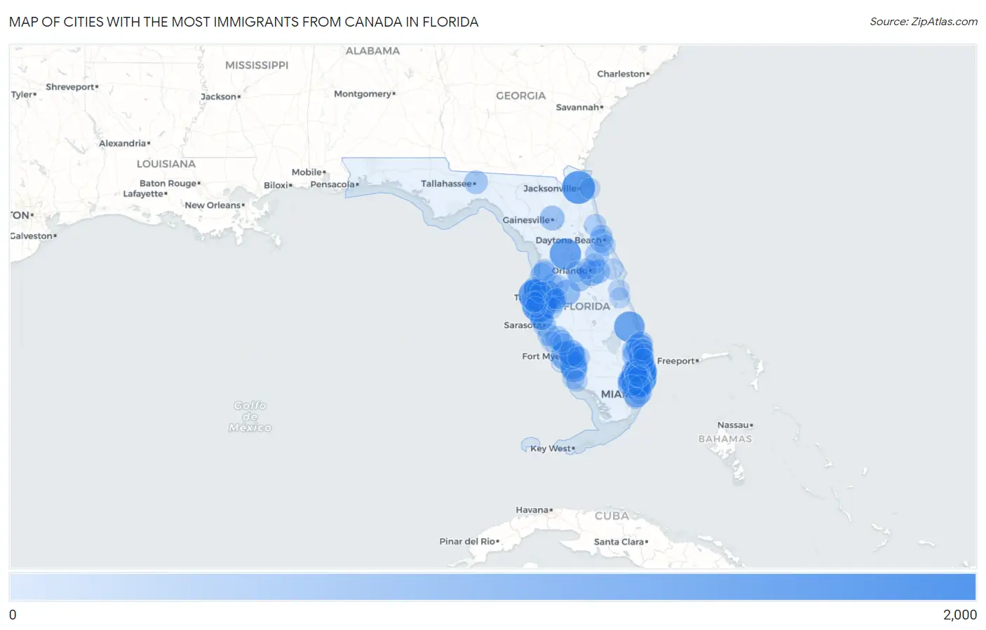 Cities with the Most Immigrants from Canada in Florida Map
