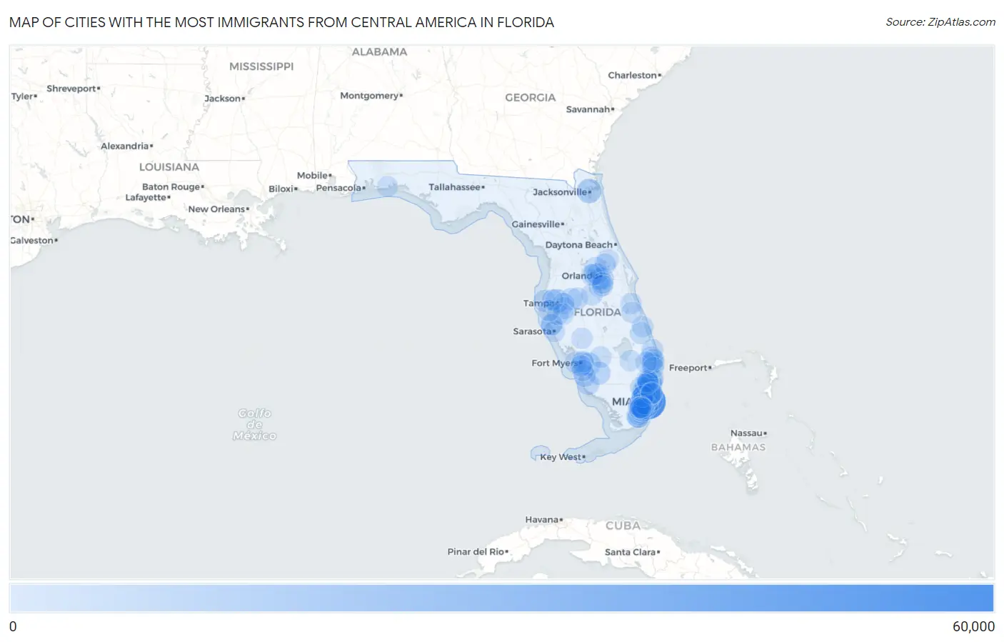 Cities with the Most Immigrants from Central America in Florida Map