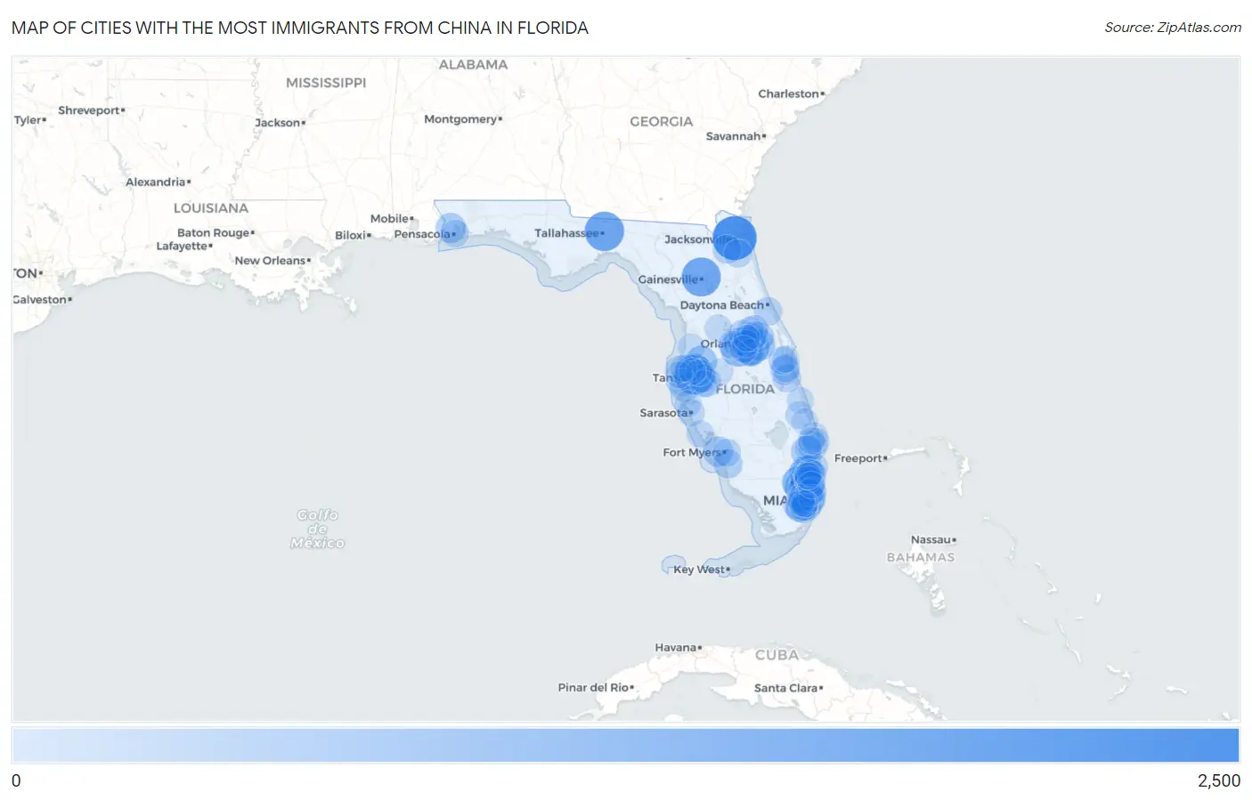 Cities with the Most Immigrants from China in Florida Map