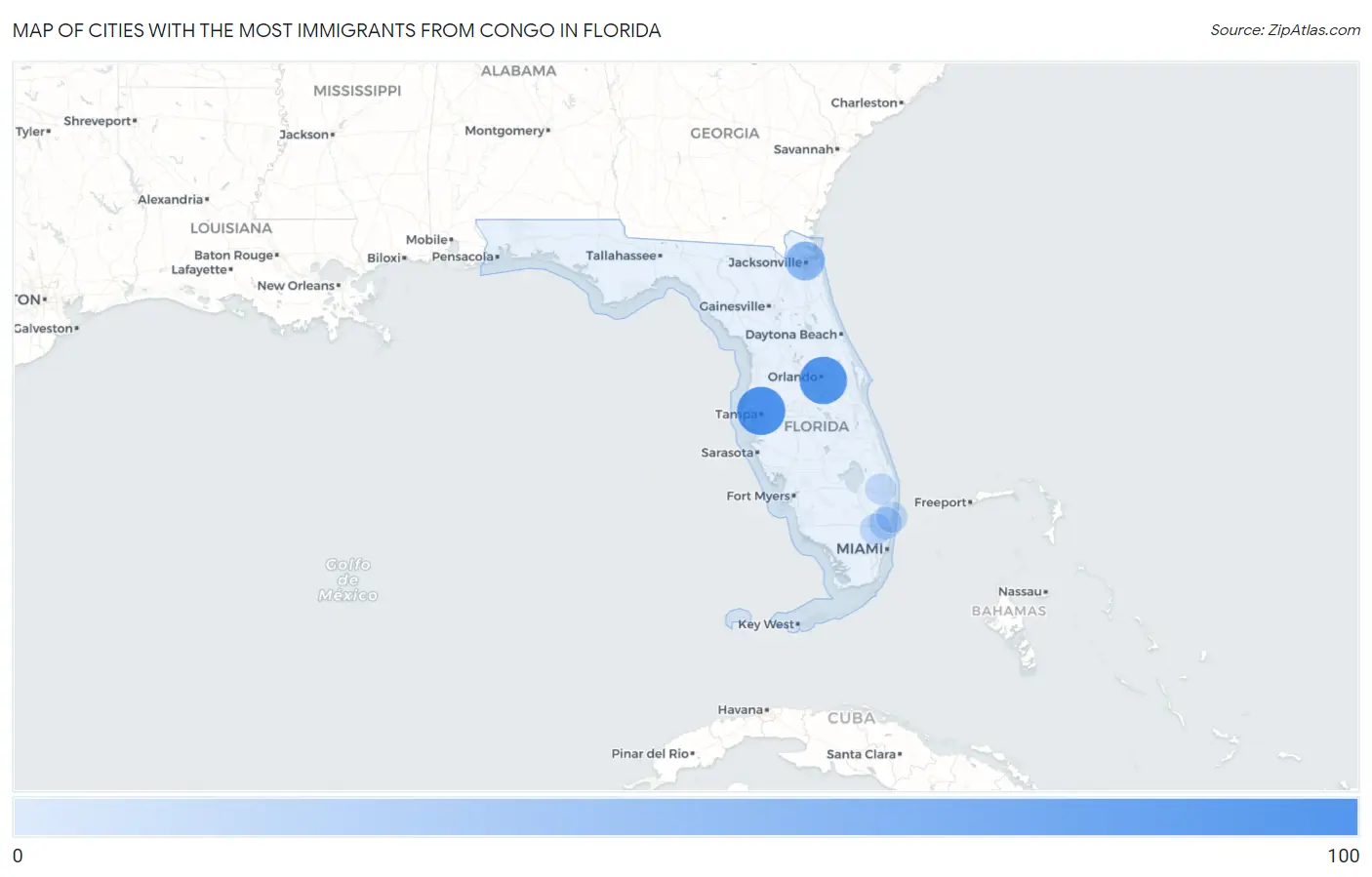 Cities with the Most Immigrants from Congo in Florida Map