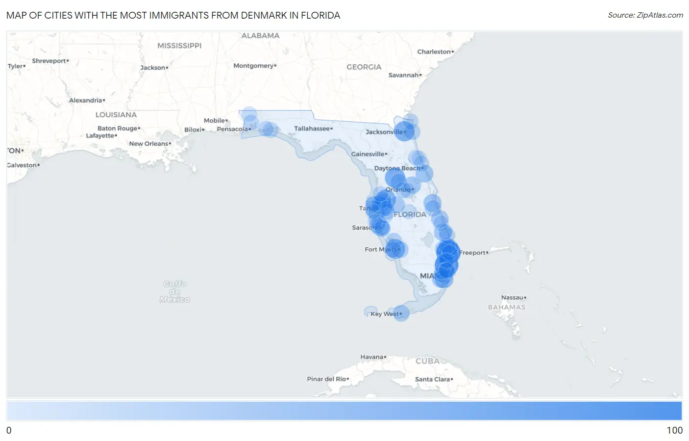 Cities with the Most Immigrants from Denmark in Florida Map
