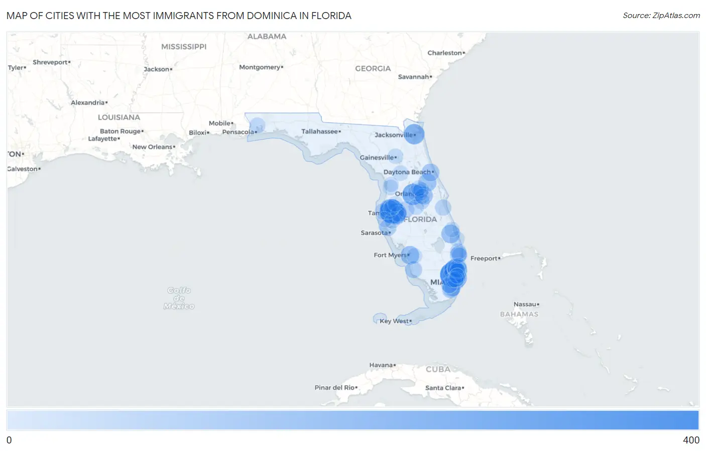 Cities with the Most Immigrants from Dominica in Florida Map