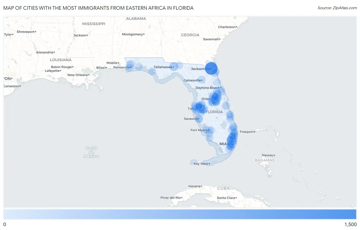Cities with the Most Immigrants from Eastern Africa in Florida Map