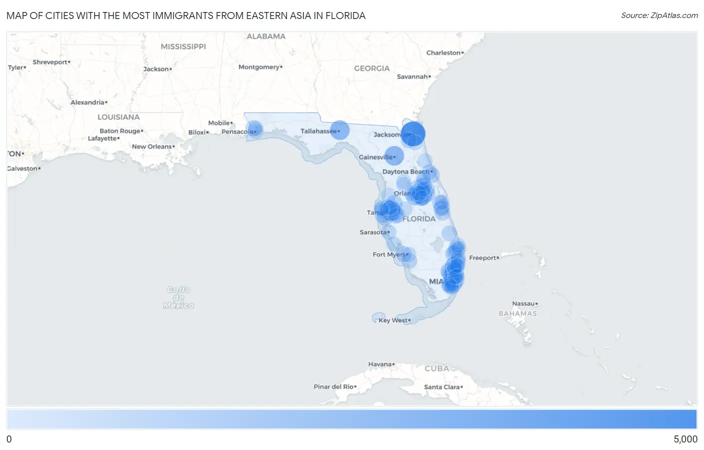 Cities with the Most Immigrants from Eastern Asia in Florida Map