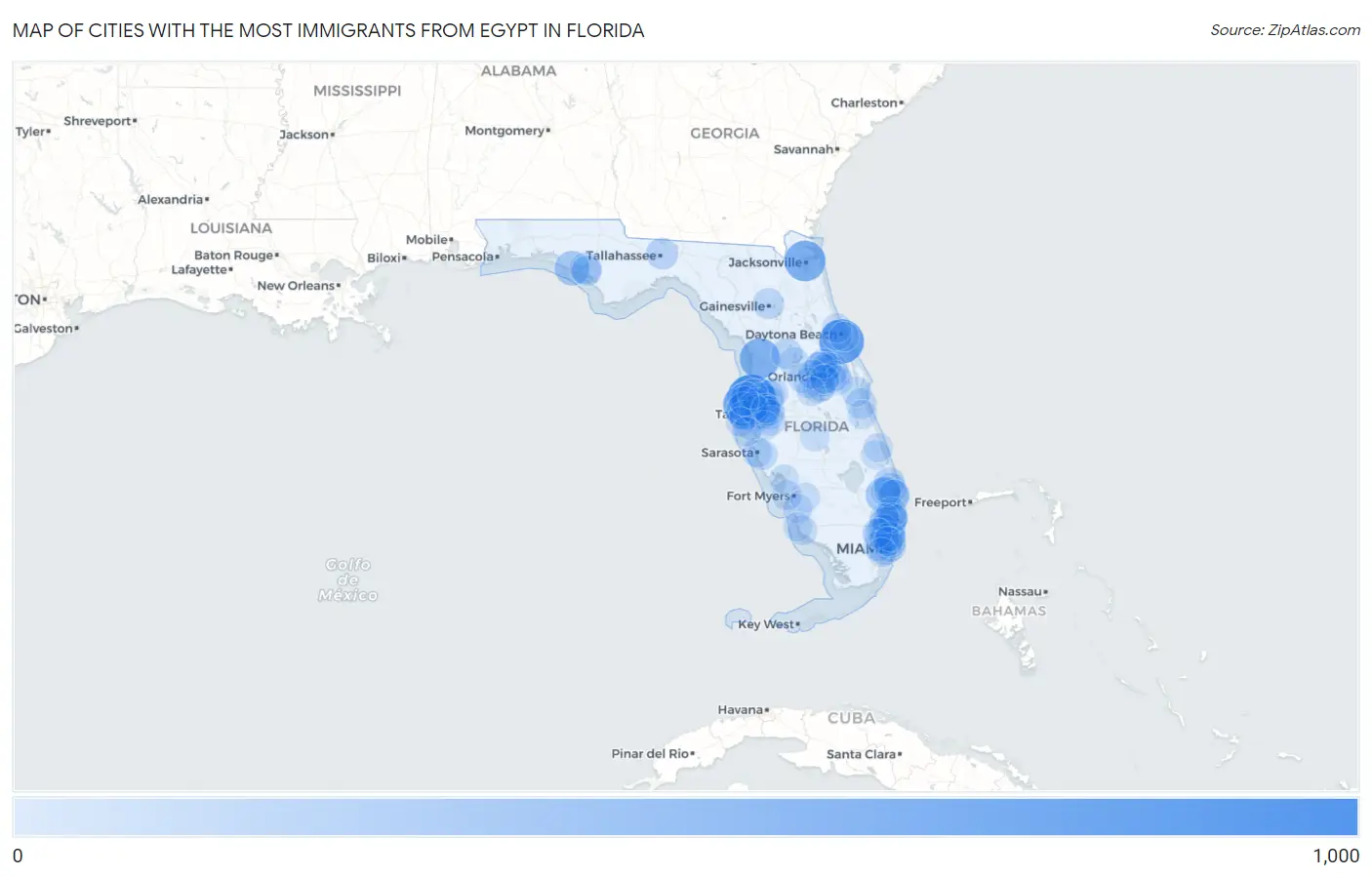 Cities with the Most Immigrants from Egypt in Florida Map