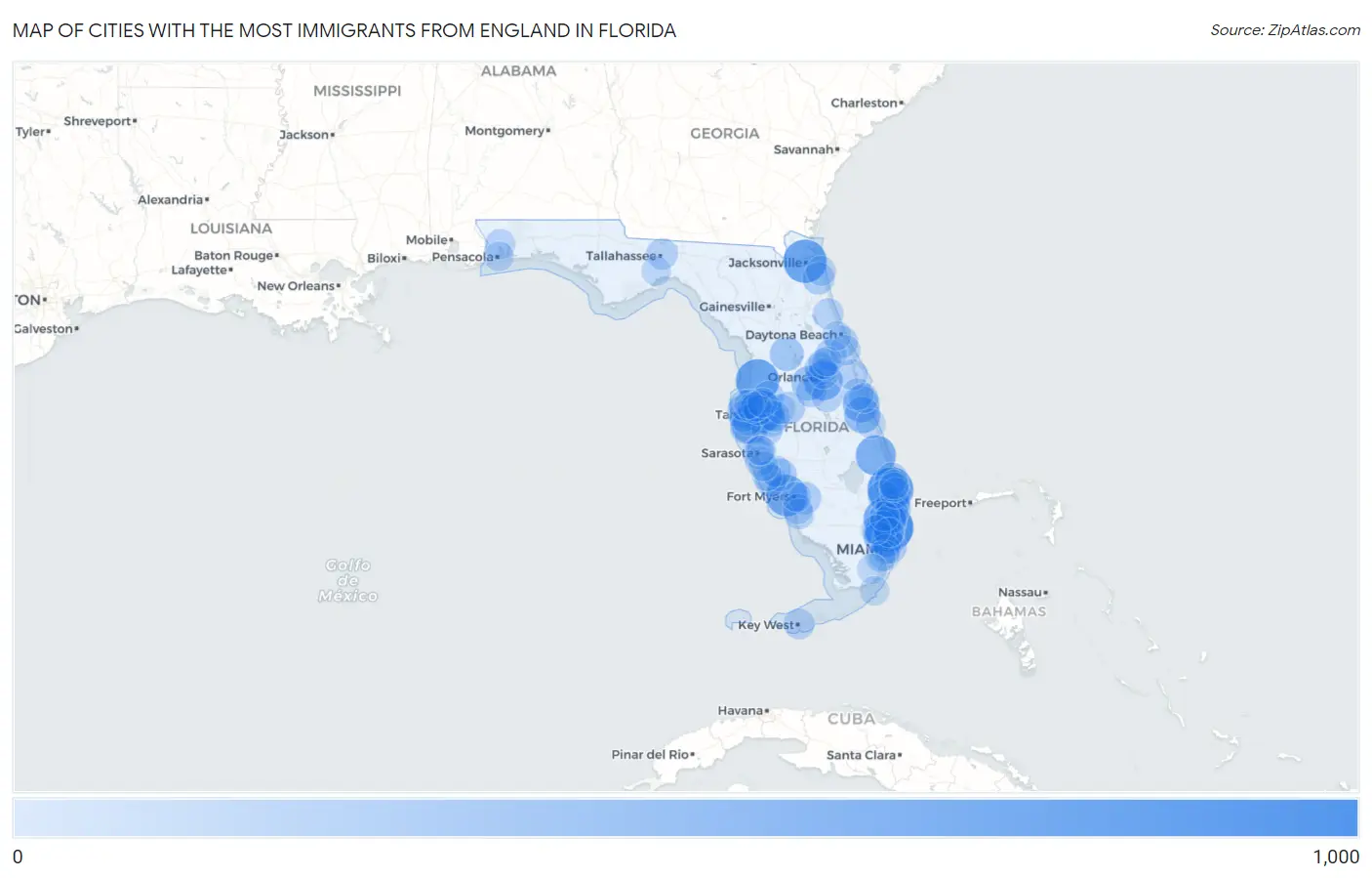 Cities with the Most Immigrants from England in Florida Map