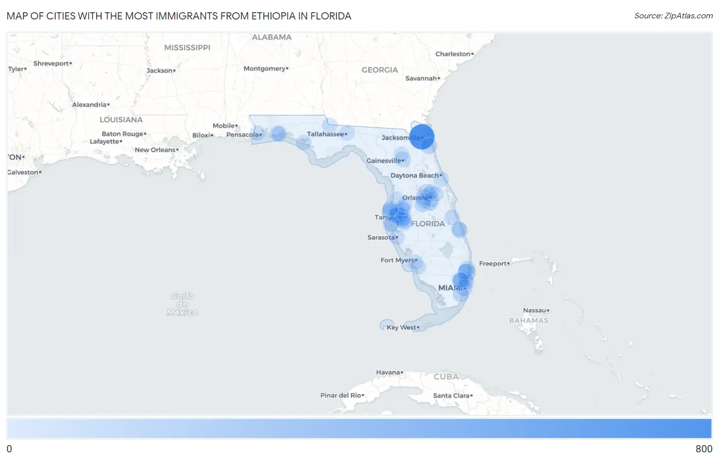 Cities with the Most Immigrants from Ethiopia in Florida Map