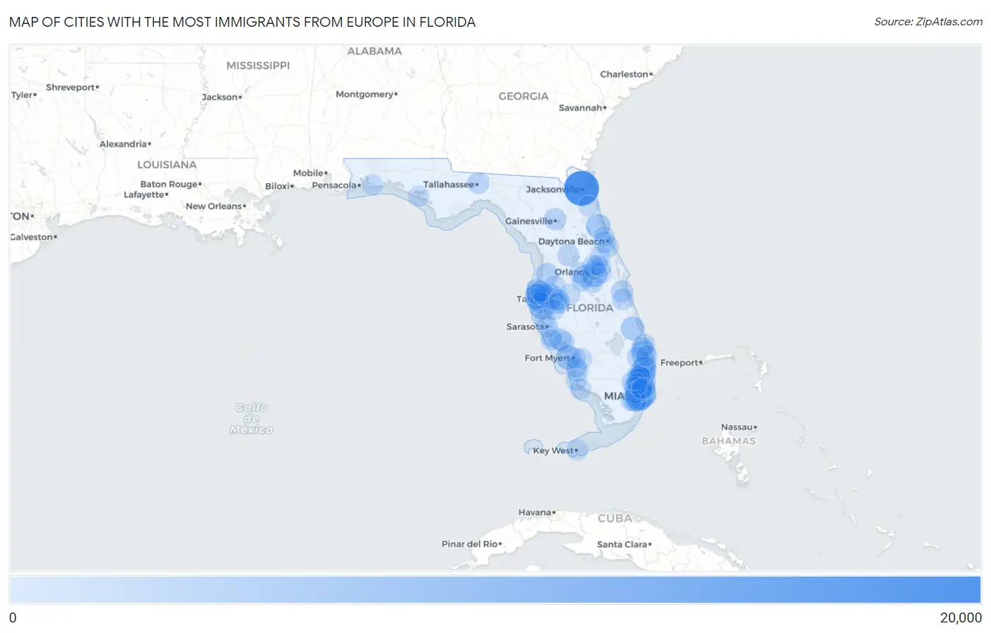 Cities with the Most Immigrants from Europe in Florida Map