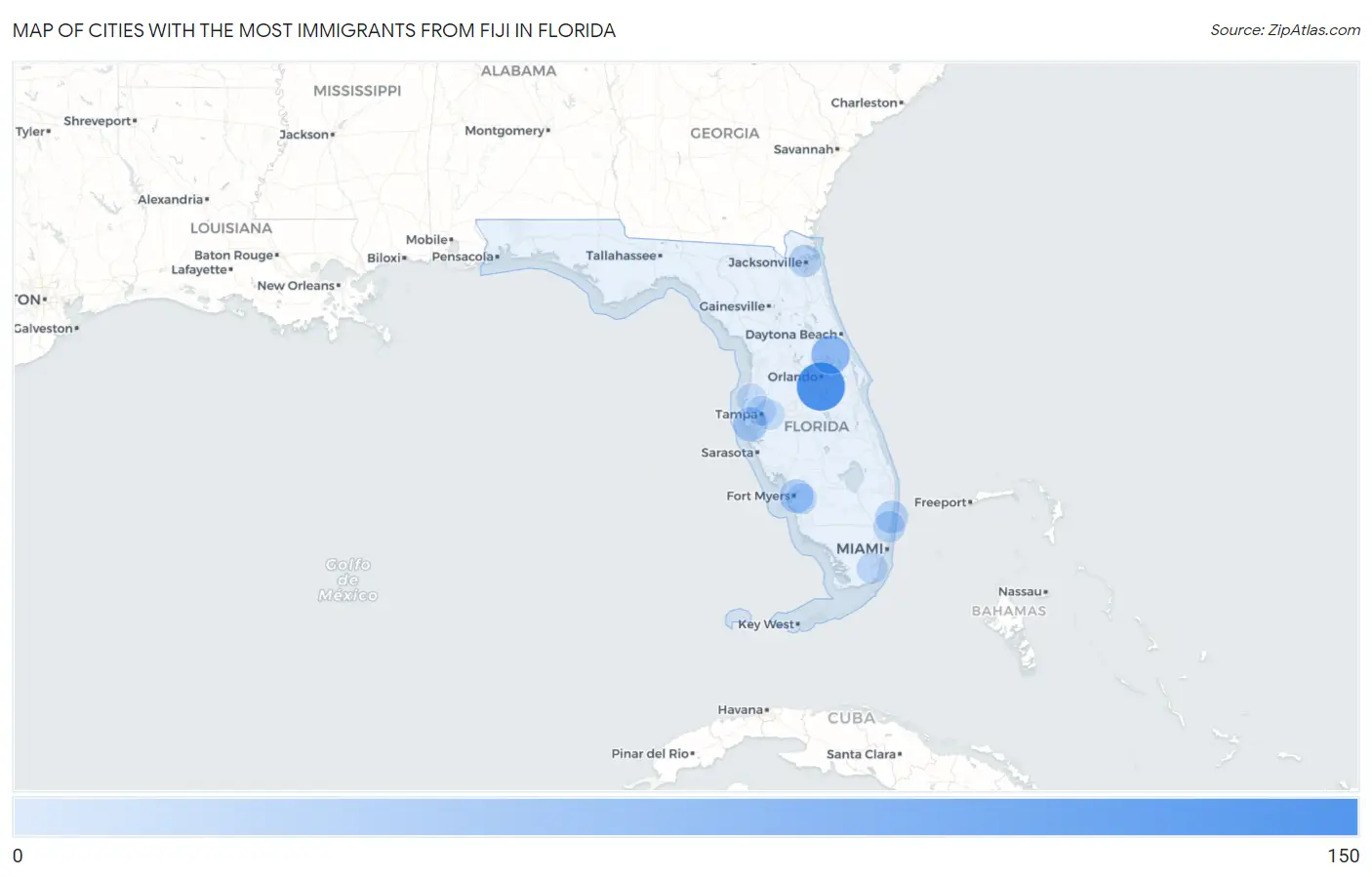 Cities with the Most Immigrants from Fiji in Florida Map