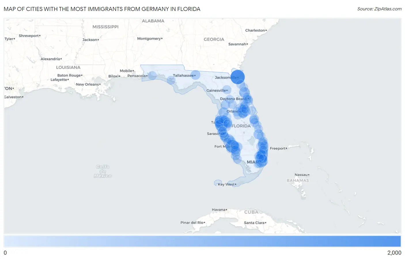 Cities with the Most Immigrants from Germany in Florida Map