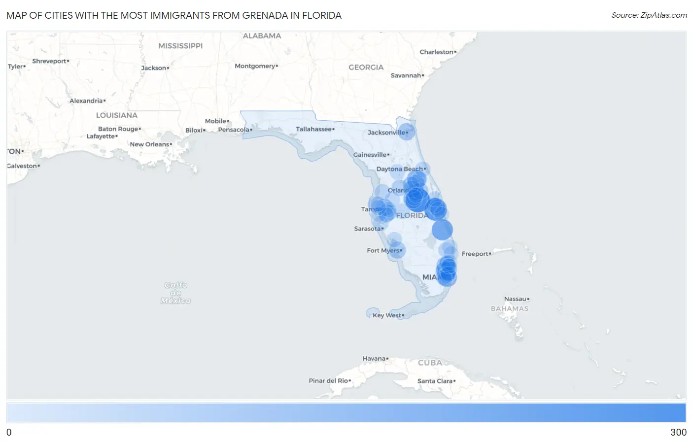 Cities with the Most Immigrants from Grenada in Florida Map