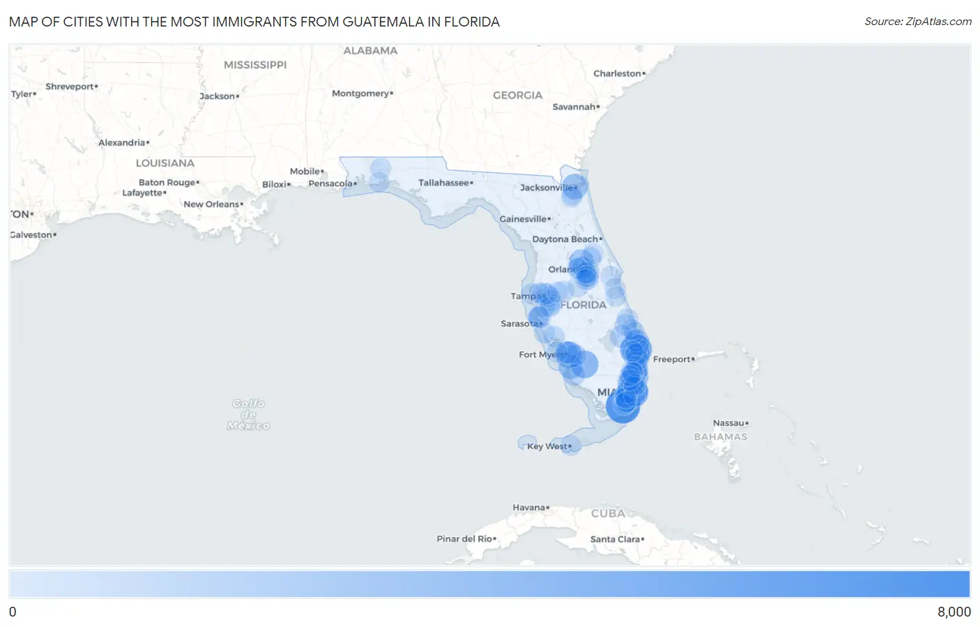 Cities with the Most Immigrants from Guatemala in Florida Map
