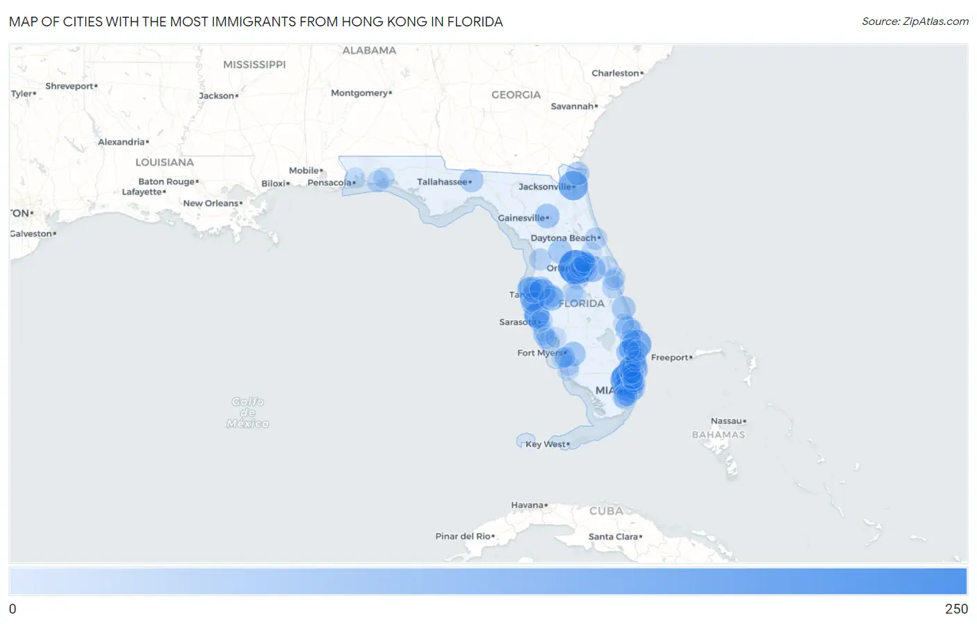 Cities with the Most Immigrants from Hong Kong in Florida Map