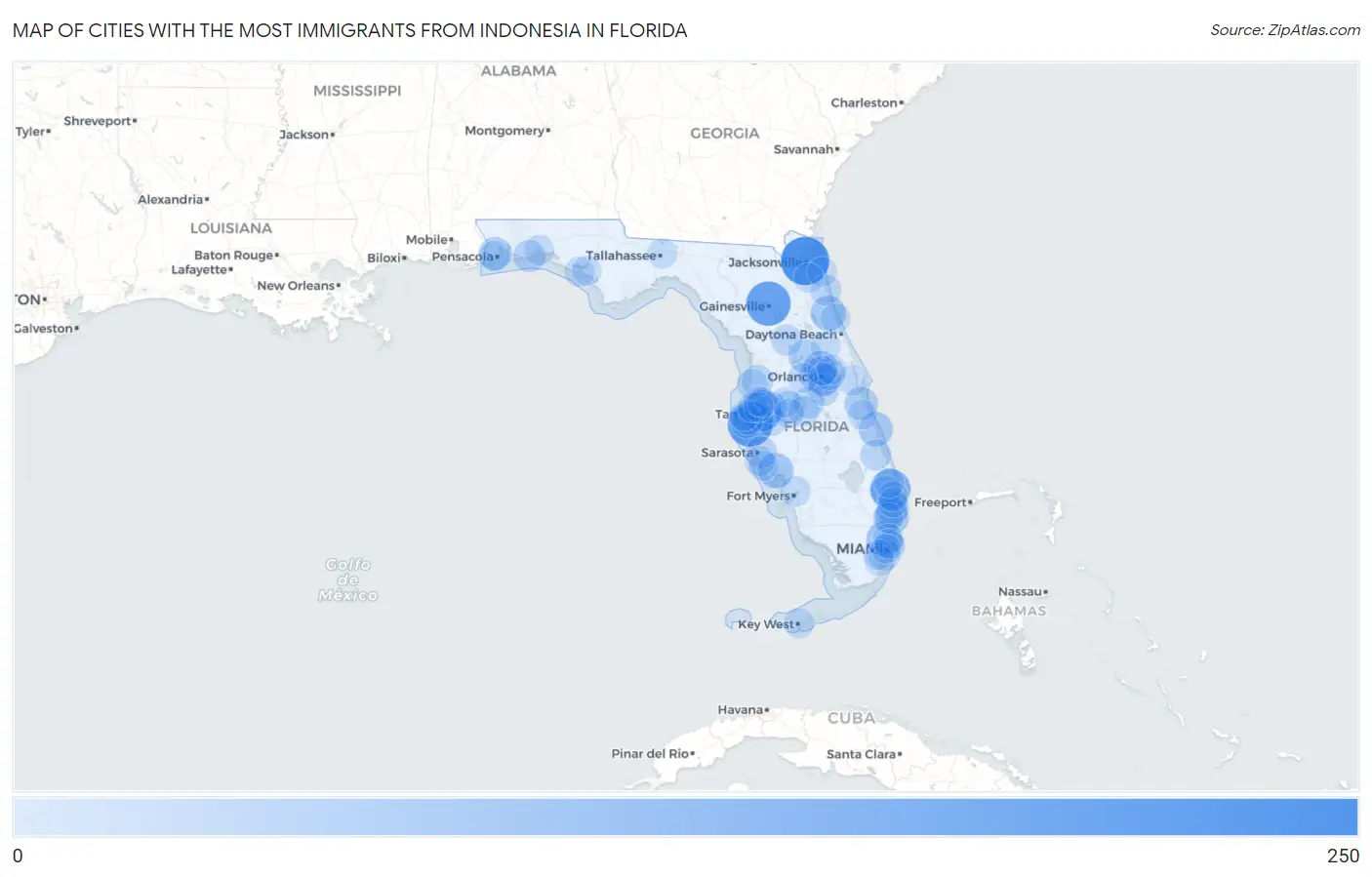 Cities with the Most Immigrants from Indonesia in Florida Map