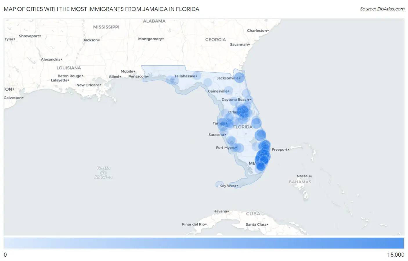 Cities with the Most Immigrants from Jamaica in Florida Map
