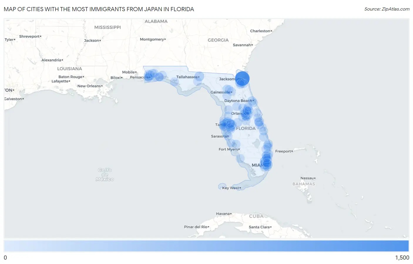 Cities with the Most Immigrants from Japan in Florida Map