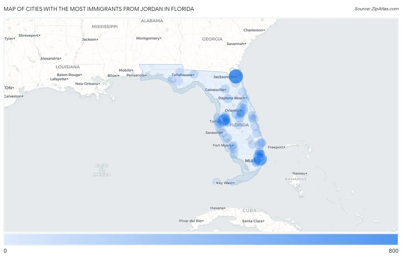 Cities with the Most Immigrants from Jordan in Florida Map