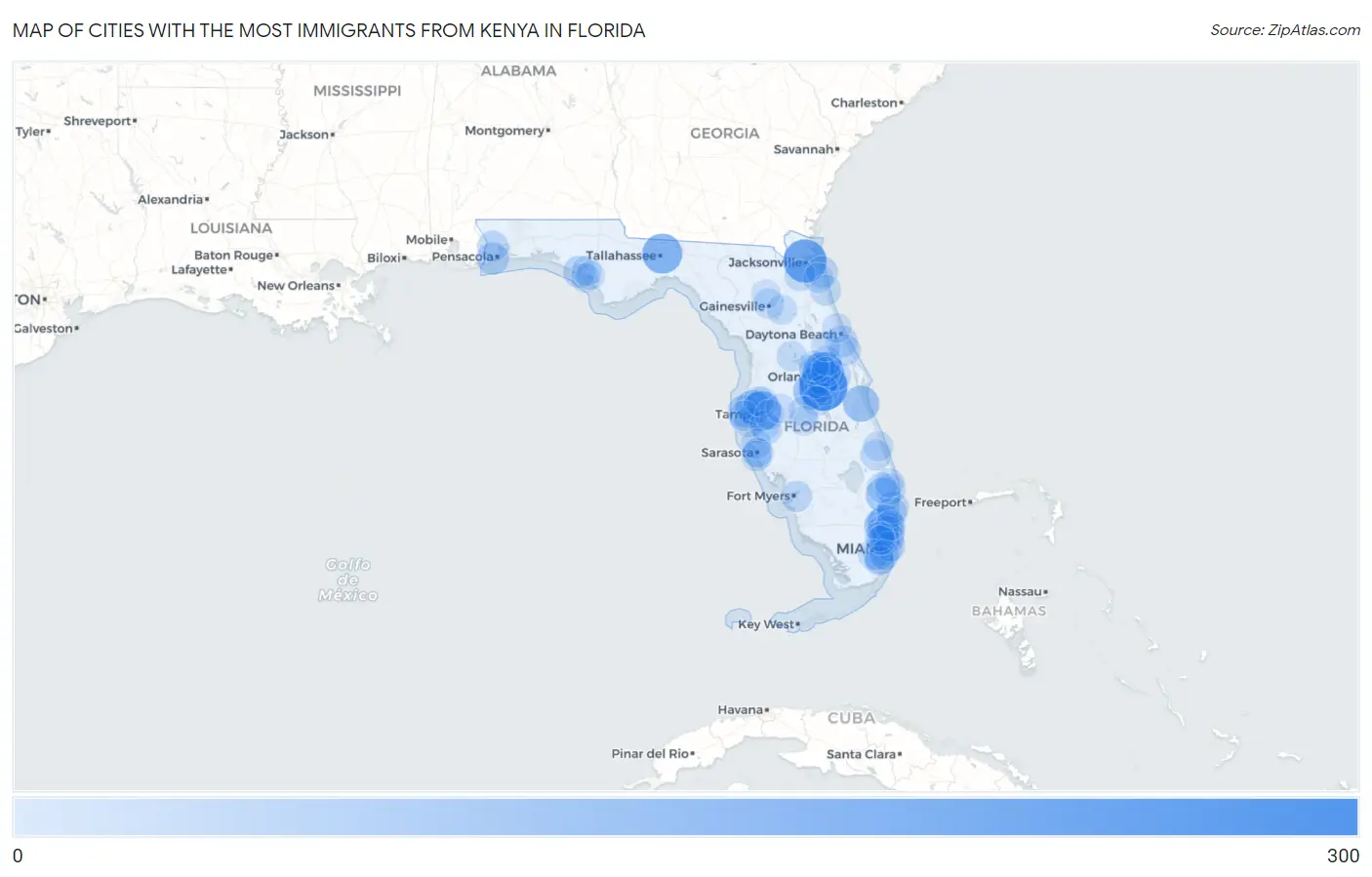 Cities with the Most Immigrants from Kenya in Florida Map